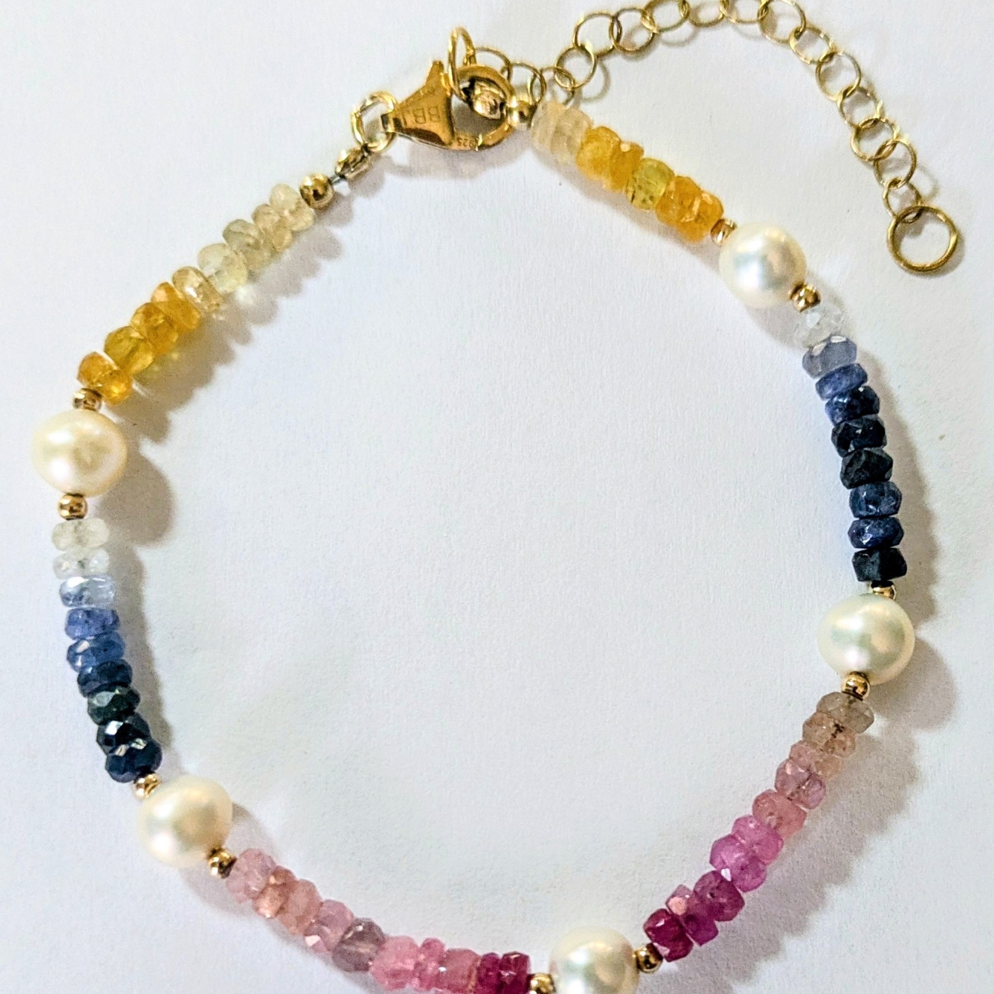 Bbj 925 Vermeil Rainbow Ombre Sapphire & Freshwater Pearl Beaded Bracelet 7-9